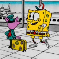 SpongeBob SquarePants talking to a mouse in an airport, 1960s Cartoon