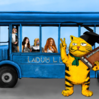 Garfield driving a school bus in a rock concert, Painting by Leonardo Da Vinci