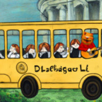 Garfield driving a school bus in a rock concert, Painting by Leonardo Da Vinci